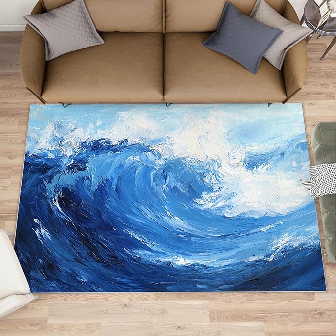 Japanese Ocean Rugs for Bedroom - 4x5 Area Rug - Ukiyo-E Ocean Waves Rugs for Living Room, Abstract Oil Painting Ocean Rug, Washable Home Decor Carpet