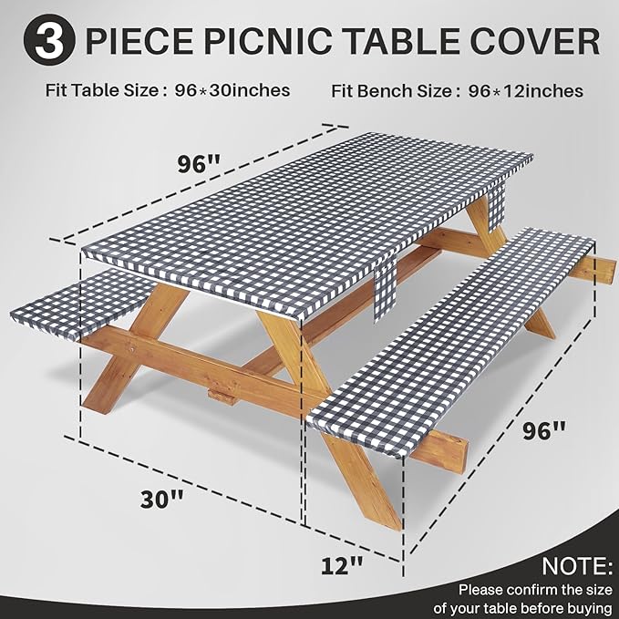 3 Piece Fitted Elastic Picnic Table Cover with Bench Covers 96x30 Inch Weather Proof Outdoor Table Cloth Summer Motorhome Patio Vacation Things White Elephant Gifts for Her Who Have Everything