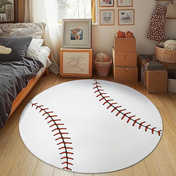 Soft Round Rugs for Bedroom, Baseball Rug for Boys, Bedside Area Kids Carpet, Baseballs Lovers Home Decor Indoor Circle Carpets for Living Room, Nursery, Dorms Machine Washable,40 Inch