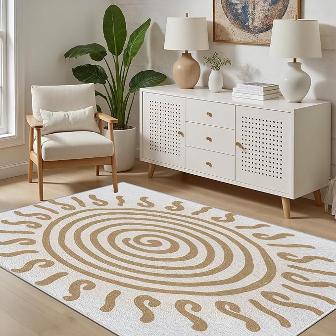 Boho Washable Rugs for Bedroom 6x8, Modern Sun Print Soft Minimalism Area Rug, Non Slip Low Pile Abstract Carpet for Classroom Living Room Decor Dining Room, Beige Yellow