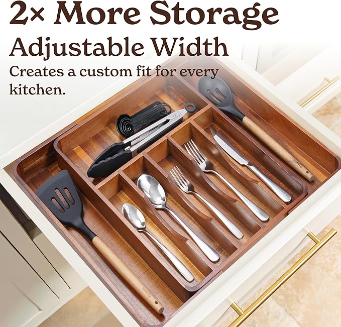 SMIRLY Silverware Drawer Organizer – Bamboo Kitchen Drawer Organizer, Adjustable Utensil Holder and Cutlery Tray, Drawer Dividers for Flatware and Kitchen Utensils