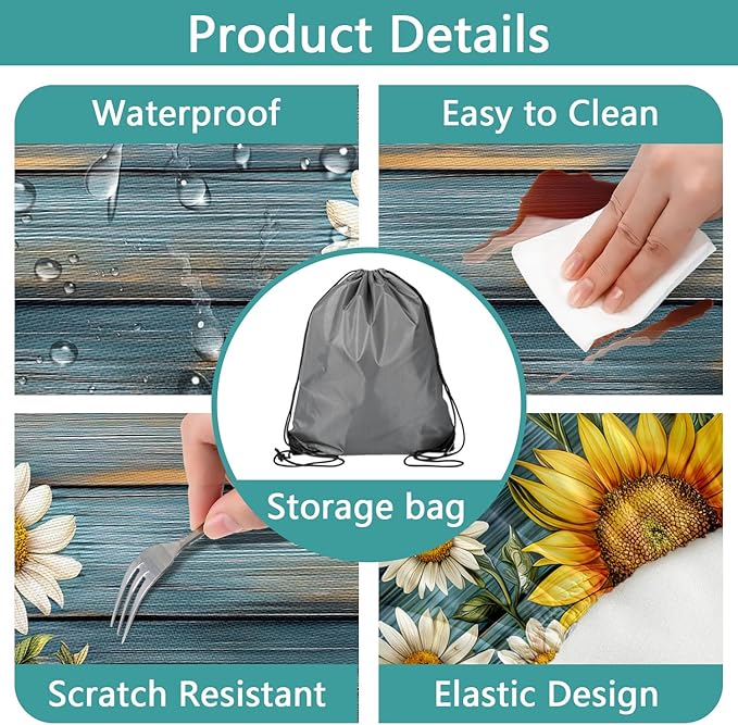Picnic Table Cover with Bench Covers Camping Essentials Waterproof Windproof Camping Tablecloth with Drawstring Bag, Fitted Rectangle Tables and Seats, 96in, Teal Wooden Sunflower