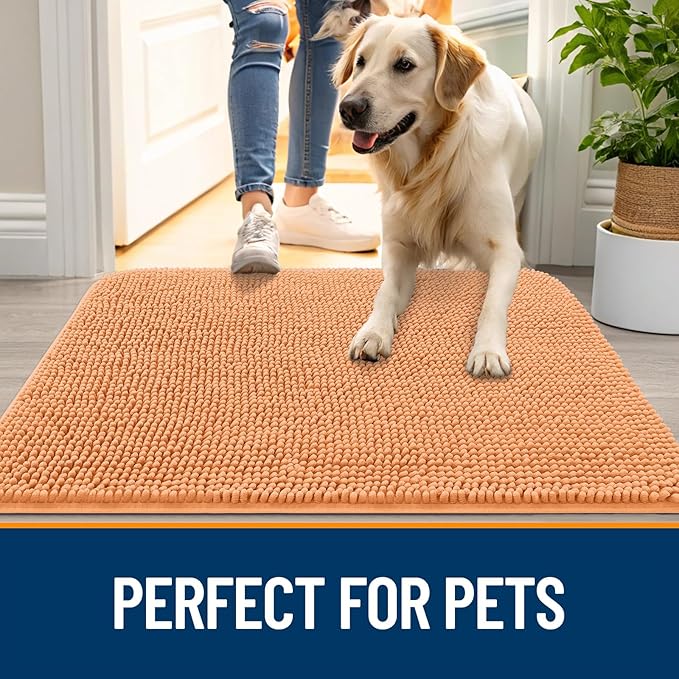 OLANLY Dog Door Mat for Muddy Paws 24x16, Absorbs Moisture and Dirt, Absorbent Non-Slip Washable Doormat, Quick Dry Chenille Mud Mat for Dogs, Entry Indoor Entryway Carpet for Inside Floor, Orange