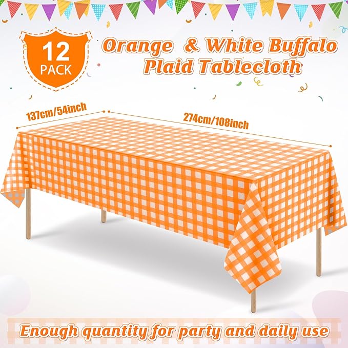 12 Pack Orange Plastic Checkered Tablecloth, Premium Decorative Disposable Orange Gingham Plaid Table Cloths for Parties, Rectangle Party Table Cover for Fall Thanksgiving Picnic Birthday, 54x108 Inch