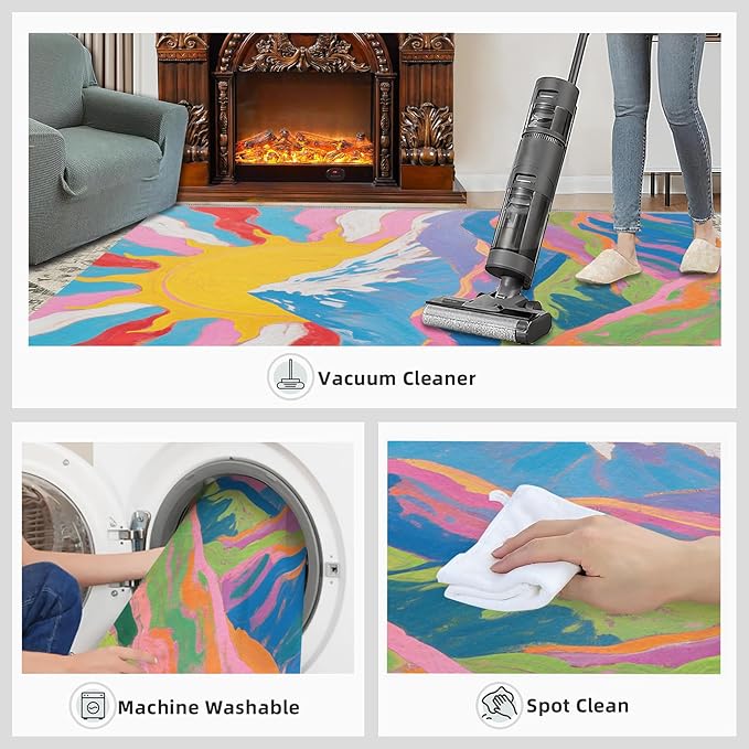 Boho Sun Area Rugs 5x8ft, Watercolor Mountain Living Room Carpet, Abstraction Deco Decorative Carpet Protect Floor for Bedroom Men Office Hardwood Floors