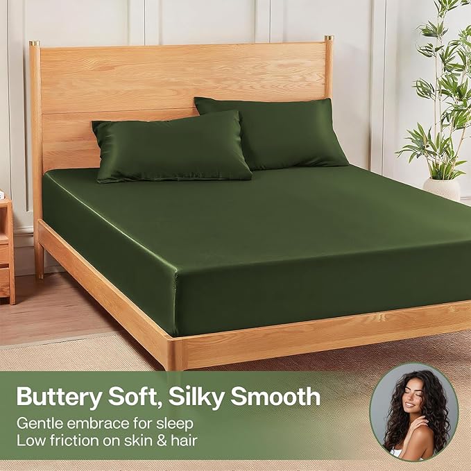 MR&HM Twin Fitted Sheet Only, Ultra-Soft Rayon Derived from Bamboo & Polyester Blend, Silky & Breathable, 15" Deep Pocket with Elastic Straps, Cooling Fitted Sheet for Hot Sleepers, Olive Green