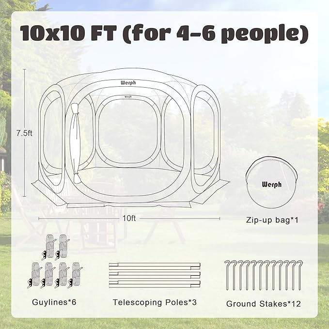 Werph 10x10 Pop Up Screen Tent, Mosquito Net Gazebo, UV Resistant Roof Waterproof Screen Canopy, Quick Setup Outdoor Shelter for Backyard, Patio, Garden, Picnic, Camping and Events, Green