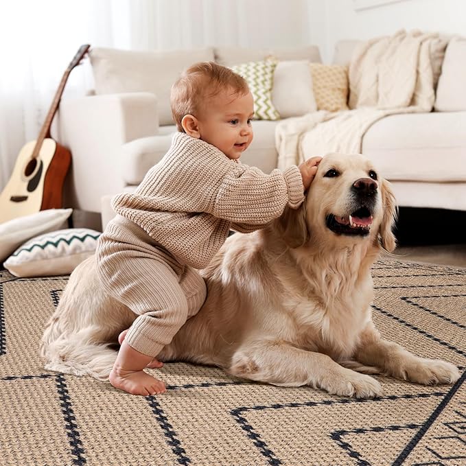 Tangsoo Easy Jute Rug 6x9 Washable Area Rugs for Living Room,Non Slip Ultra Thin Indoor Outdoor Carpet,Geometric Office Mat for Backyard Dining Room Patio Bedromm
