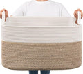 Goodpick Large Woven Blanket Basket, 21.6" x 14.9" x 11.8" Storage Baskets for Organizing, Rectangle Cotton Rope Toy Basket for Living Room, Bedroom, White & Brown