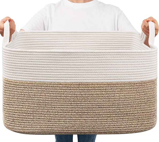 Goodpick Large Woven Blanket Basket, 21.6" x 14.9" x 11.8" Storage Baskets for Organizing, Rectangle Cotton Rope Toy Basket for Living Room, Bedroom, White & Brown