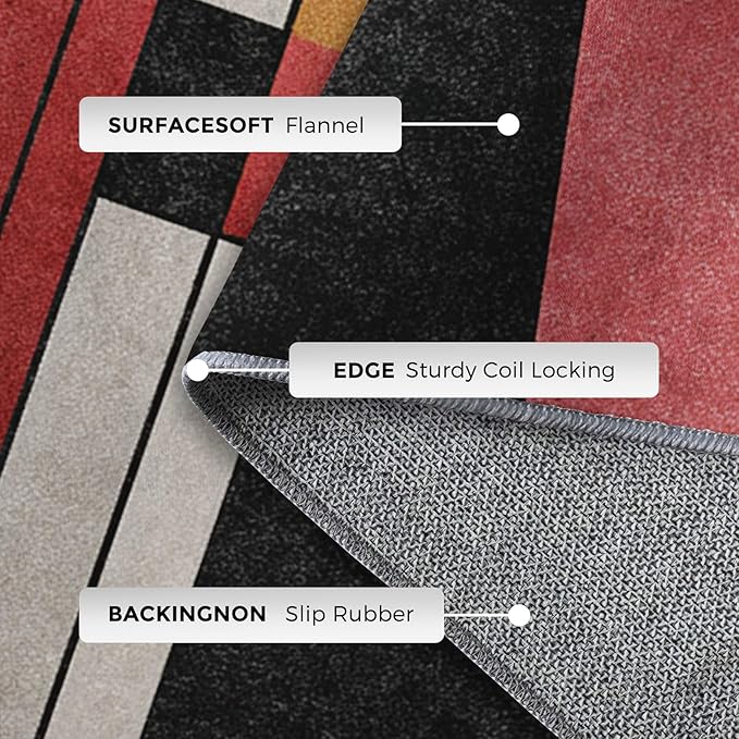 5x7 Abstract Geometric Rugs for Bedroom Decor, Washable Black White Red Geometry Pattern Area Rug, Living Room Home Decoration, Non Slip Soft Thin, Minimalist Modern Decor Carpet PF-P 49
