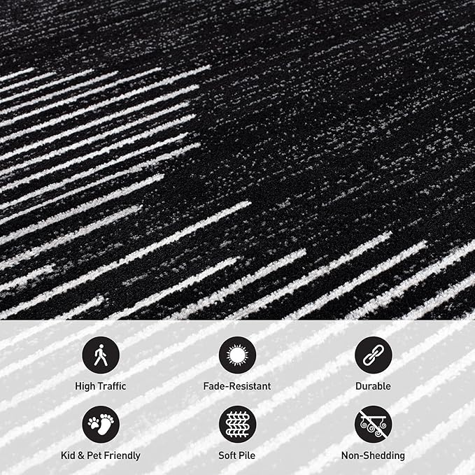 Rugshop Bohemian Stripe Stain Resistant Carpet High Traffic Living Room Kitchen Bedroom Dining Room Large Areas Basement Open Spaces Area Rug 8' x 10' Black