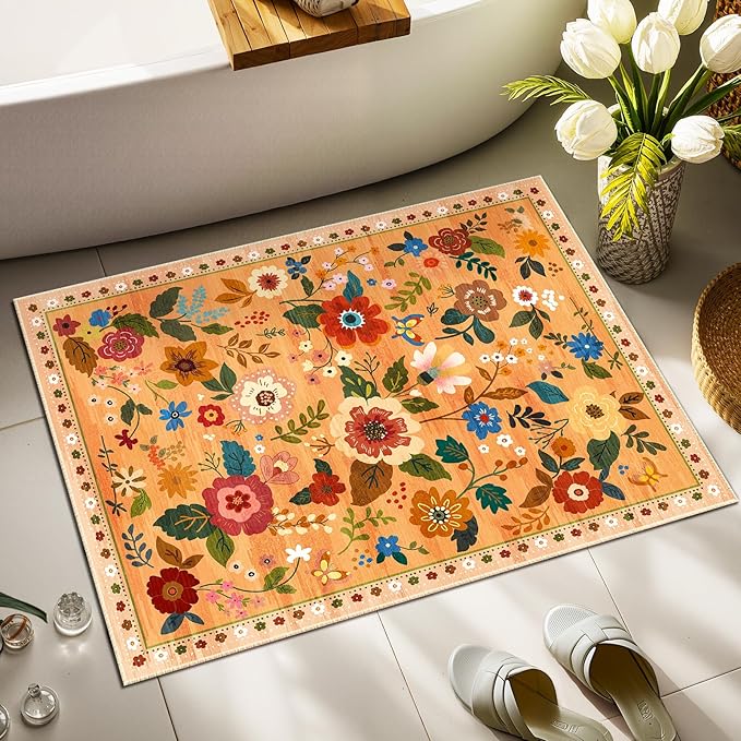 Floral 2x3 Area Rug Machine Washable Soft Print Boho Carpet Non Slip Doormat Low Pile Flower Area Rugs for Living Room Bedroom Nursery Kitchen Dining Room Indoor-Yellow/Orange
