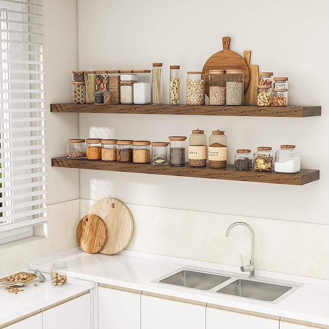 RICHFOCUS 72Inch Floating Shelves for Wall 2 Pack Shelves for Bedroom|Kitchen|Bathroom Wall Mounted Rustic Wood Floating Shelf with Invisible Brackets for Books|Storage|Decor, Rustic Brown
