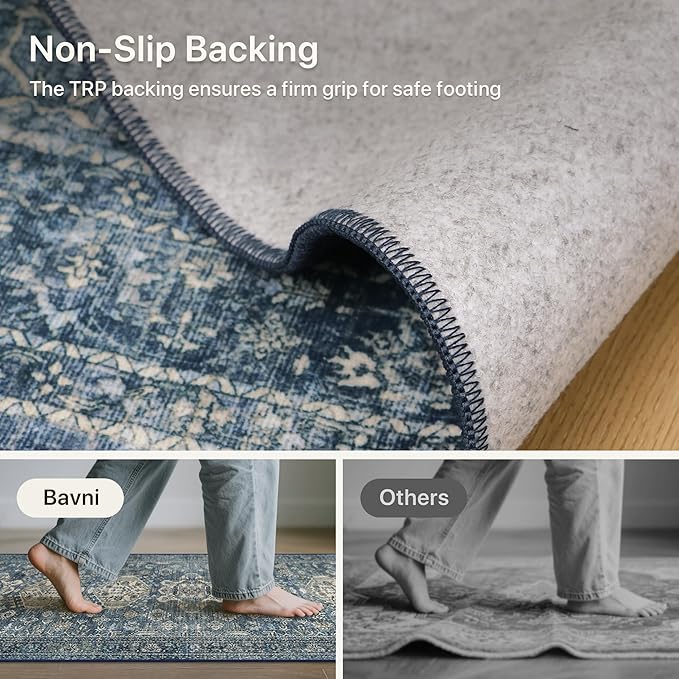 Bavni Washable Entry Rug 2x3, Non Slip Door Mat for Entryway or Kitchen, Vintage Print Low Pile Ultra Thin Indoor Rug, Blue