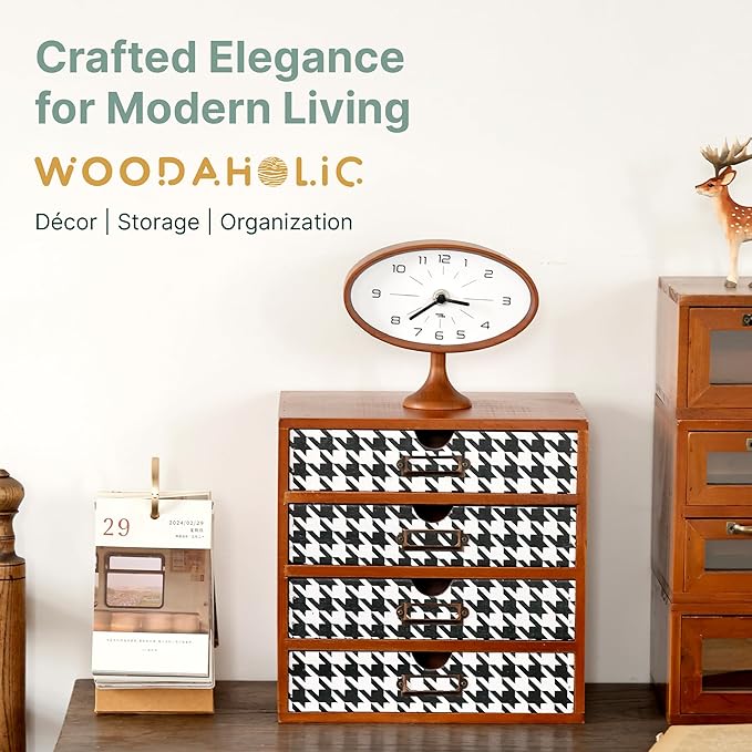 Houndstooth Pattern Wooden Desk Organizer - 4-Drawer Desktop Storage - Modern & Rustic Wood Cabinet for Office Supplies, Craft Tools, & Home Organization - Elegant Drawer Unit