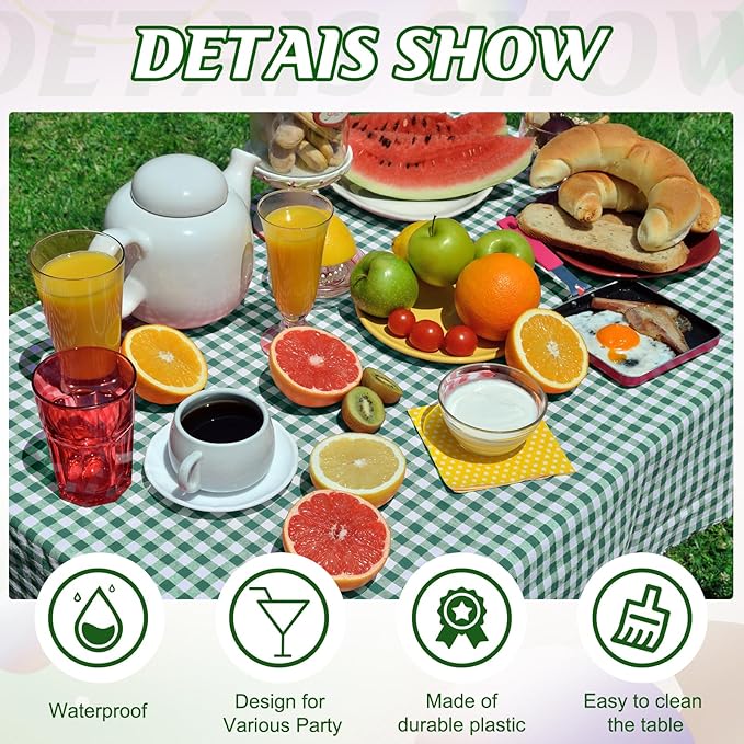 12Pack Dark Green Plastic Checkered Tablecloth, Premium Decorative Disposable Green Gingham Plaid Table Cloths for Parties, Rectangle Party Table Cover for Picnic Farm Birthday Wedding, 54x108 Inch