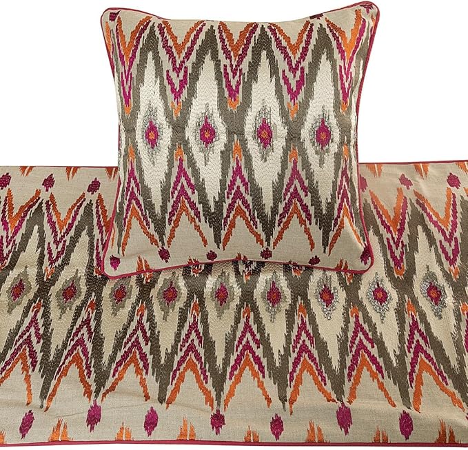 The HomeCentric King Queen Twin Multi Color & Pink Decorative Twin 53"x18" Bed Runner with Pillow Cover, Embroidered & Beaded Bed Scarf on Cotton Linen Fabric - My Ikat Love