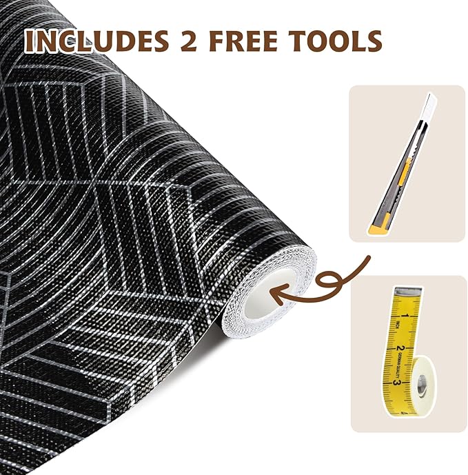 Shelf Liners for Kitchen Cabinets 12in x 30FT, Non Adhesive Cabinet Liner Strong Non-Slip Black and Silver Geometric Drawer Liner, Easy to Clean for Shelf, Cabinet with Knife and Tape Measure