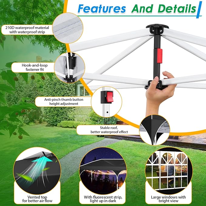 COBIZI 10x20 Pop up Canopy Tent with 4 Sidewalls Outdoor Canopy Tent for Party with Push Center Lock & Air Vent, 2000mm+Waterproof Gazebo Canopy UPF 50+with 4 Sandbags,12 Stakes & 6 Ropes,Black