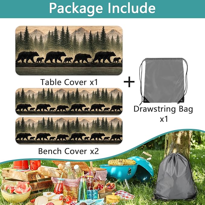 Picnic Table Cover with Bench Covers and Bag, Forest Mountain Bear Wooden Waterproof Windproof, Fitted Tablecloth Cover with Elastic Edge, for Indoor & Outdoor, Garden, Camping, 3 PCS 30x60 Inch