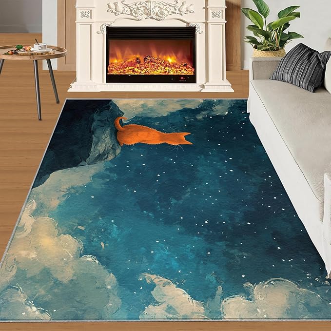 Orange Cat Rugs for Bedroom - 2x3 Area Rug - Cartoon Starry Sky Rugs for Living Room, 3D Cute Cat Rug, Non-Slip Washable Home Decor Carpet