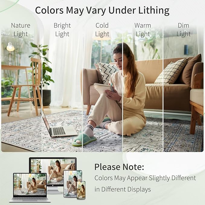 Enkor Area Soft Rugs 5x7 Washable Non Slip Boho Floor Rugs for Living Room Bedroom, Vintage Style Farmhouse Mat for Kitchen Entryway White & Grey