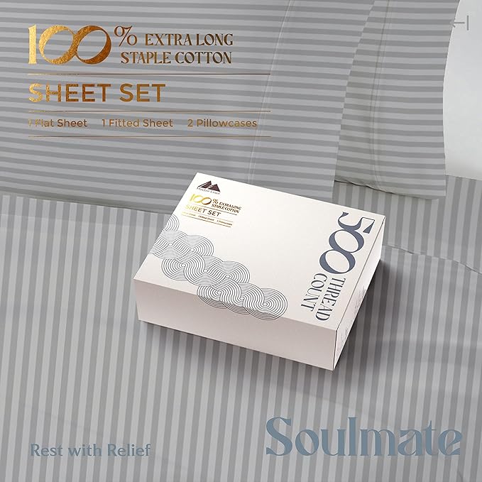 Mayfair Linen 100% Cotton Striped Sheets Split King Size Bed Set - 500 Thread Count Damask Split King Sheets for Adjustable Bed, 5 PC Set (Silver Stripe), Cooling, Sateen 16" Deep Pocket Bedsheet