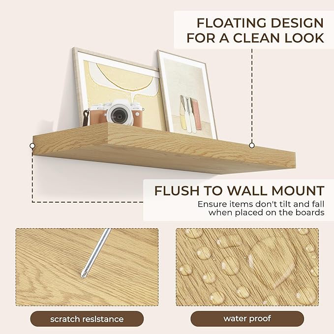 RICHFOCUS 36Inch Floating Shelves for Wall 2 Pack Shelves for Bedroom|Kitchen|Bathroom Wall Mounted Rustic Wood Floating Shelf with Invisible Brackets for Books|Storage|Decor, Oak