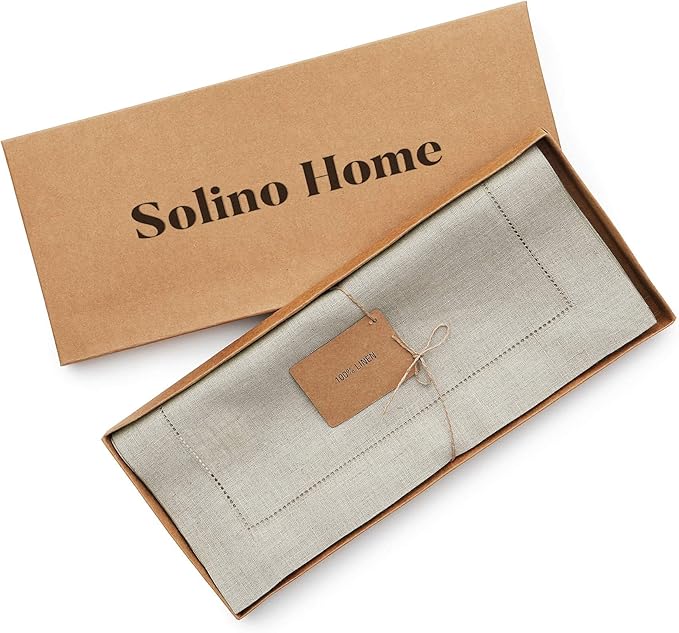 Solino Home Linen Natural Table Runner 36 Inches - Classic Hemstitch, 100% Pure Linen Coffee Table Runner 14 x 36 Inch Ideal for Dresser Tables - Christmas, Holiday, New Year