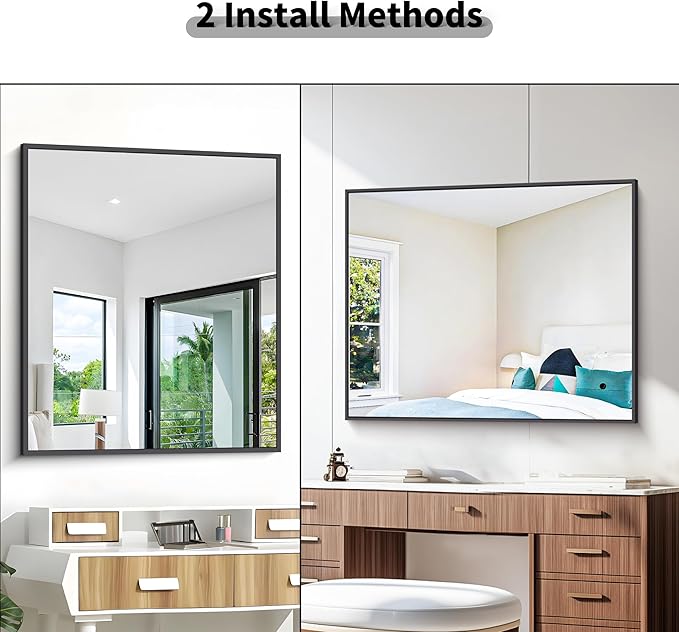 BONEWEI Bathroom Mirror,30x36 inch Wall Mirror for Bathroom Wall Mounted Black Rectangle Square Corner Mirrors, Black Bathroom Mirror for Living Room, Farmhouse, Bedroom Entryway, Horizontal/Vertical