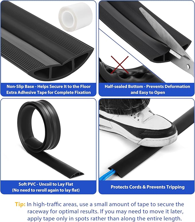 ZhiYo Floor Cord Cover 6ft, Cord Hider Floor Hide Extension Cords, PVC Cable Management Cover Prevent Cable Trips, Wire Covers for Cords, Cable Protector Wire Cavity W0.6in H0.32in Black
