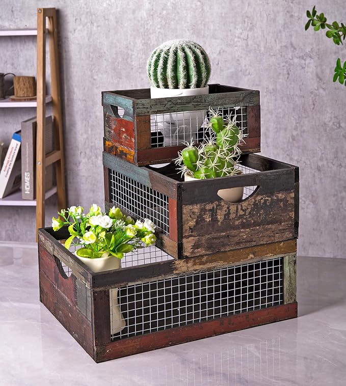 TIMRIS Set of 3 Rustic Wood Nesting Crates, Farmhouse Distressed Wooden Storage