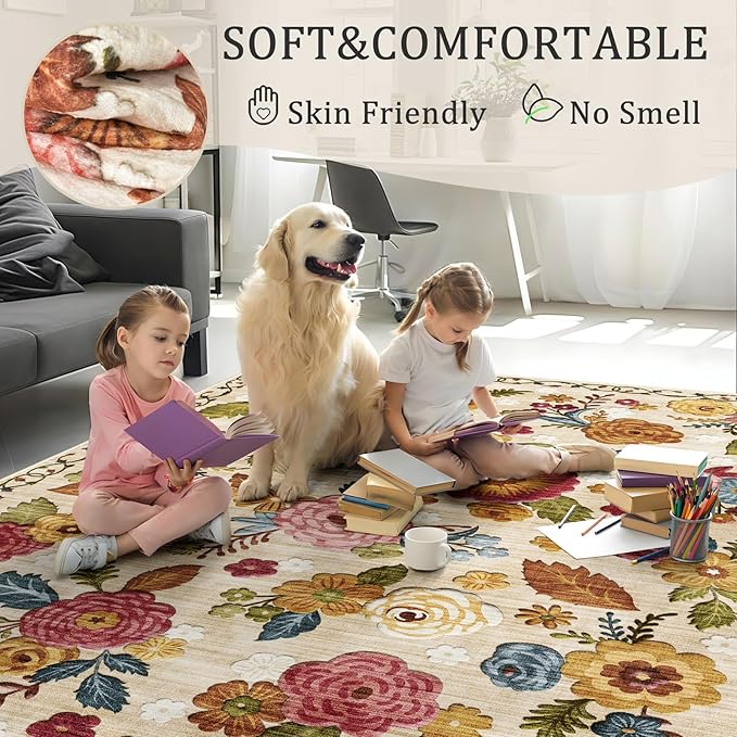 2x3 Machine Washable Area Rug for Entryway, Beige Vintage Boho Floral Rug Non-Slip Low Pile Soft Faux Wool Small Carpet, Kids and Pets Friendly for Bedroom Kitchen Hallway Bedside Home Decor Rug