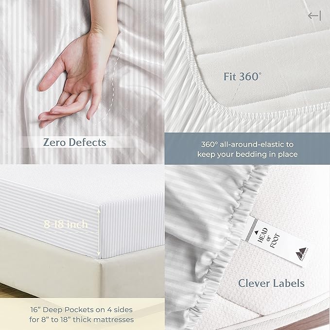 Mayfair Linen 100% Cotton Striped Sheets King Size Bed Set - 500 Thread Count Damask Sheets King Size 4 PC Set (White Stripe), Soft, Cooling, Sateen Weave Hotel-Quality 16" Deep Pocket Bedsheet