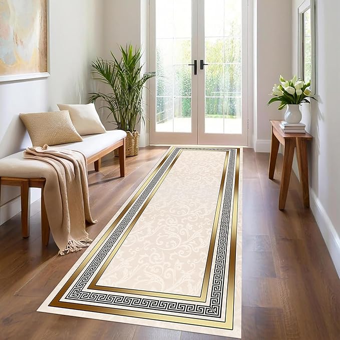 Classic Bohemian Hallway Rugs, 4x10ft, Western Retro Greek Key Beige Fade Resistant Hall Rug, Washable Kitchen Low-Pile Floor Carpet Runners for Bathroom Laundry