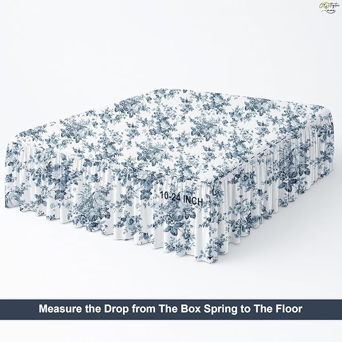 Cottington Lane Ruffled Bed Skirt Full Size with Split Corner, Brushed Microfiber Hotel Quality Dust Ruffle, 18 Inch Drop Gathered Bedskirt, Soft, Stylish, Shrink & Fade Resistant, Blue Floral Bliss