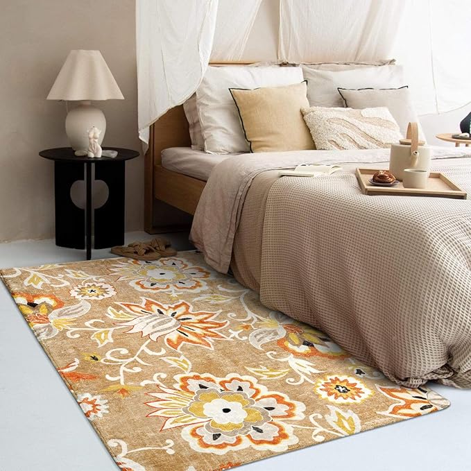 Lahome Floral Washable Living Room Carpet - 3x5 Throw Area Rug for Bedroom Non-Slip Lightweight Indoor Entryway Rugs, Tan Paisley Print Aesthetic Rug for Bathroom Laundry Dining Room Kithchen Office