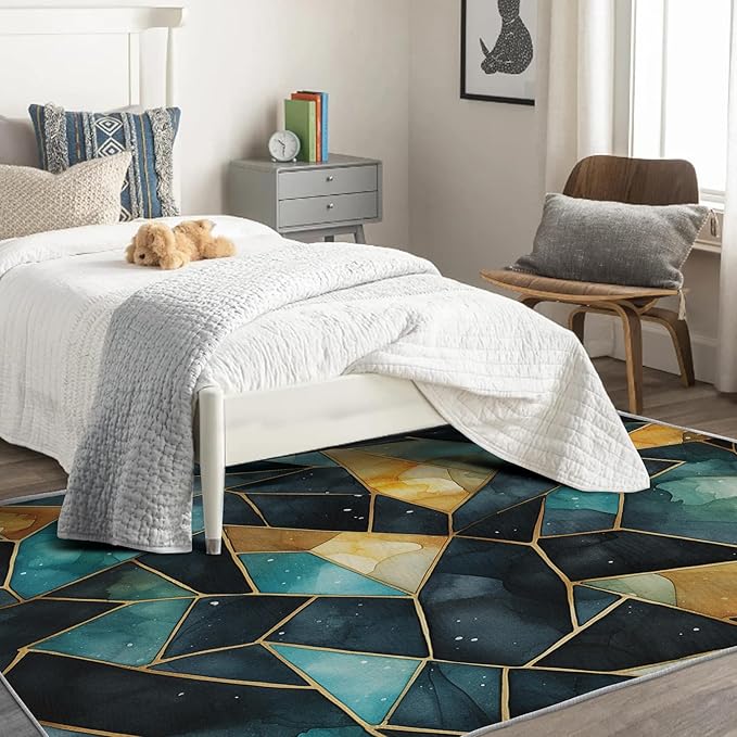 Blue and Gold Rug, 8x10 Rug, Watercolor Art Rugs for Living Room Bedroom, Luxury Large Area Rug, Washable Rug Non Slip Soft Indoor Carpet, Blue and Gold Home & Room Decor