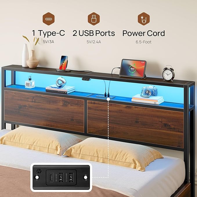 Rolanstar Queen Bed Frame with 4 Storage Drawers, Charging Station and LED