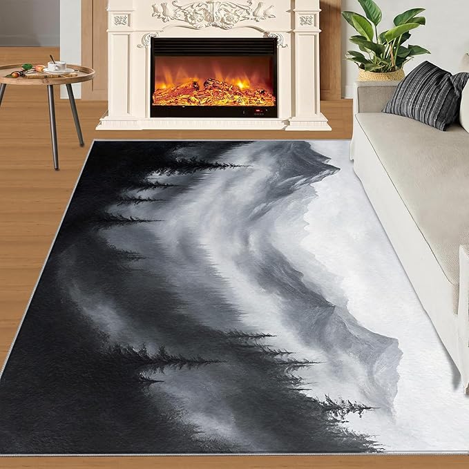 Misty Forest Rugs for Bedroom - 6x9 Area Rug - Modern Black White Art Rugs for Living Room, Natural Landscape Rug, Washable Home Decor Carpet