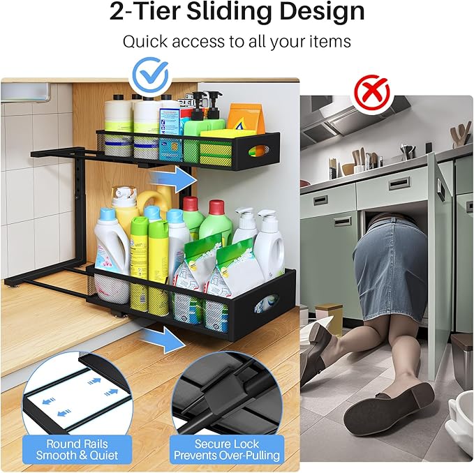 Under Sink Organizer, 2 Tier Pull Out Under Cabinet Organizer Shelf with Pad for Framed Cabinets, Metal Slide Out Under Sink Storage, Mesh Sliding Drawers for Kitchen Bathroom Laundry(Black, 1 Pack)