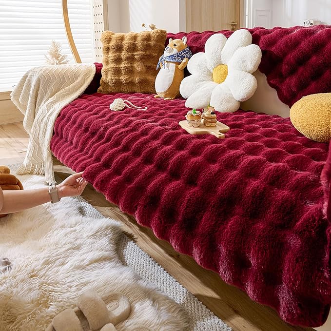 Christmas Faux Fur Couch Cover Fuzzy Soft Plush Thick Bubble Sofa Cover Luxury Sectional Couch Covers Luxury Anti-Slip Sofa Slipcover Washable Furniture Protector (Wine Red,36"x82")