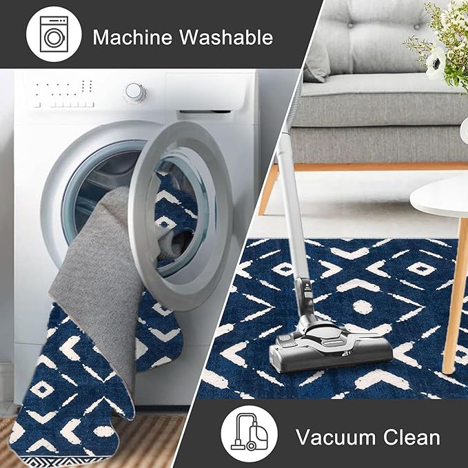 KILOCOCO Living Room Rug 5x7 Area Rug Printed Boho Washable Bedroom Rugs Non Slip Soft Large Moroccan Rubber Backed Indoor Rugs for Dining Room Office Farmhouse Geometric Carpet, Blue