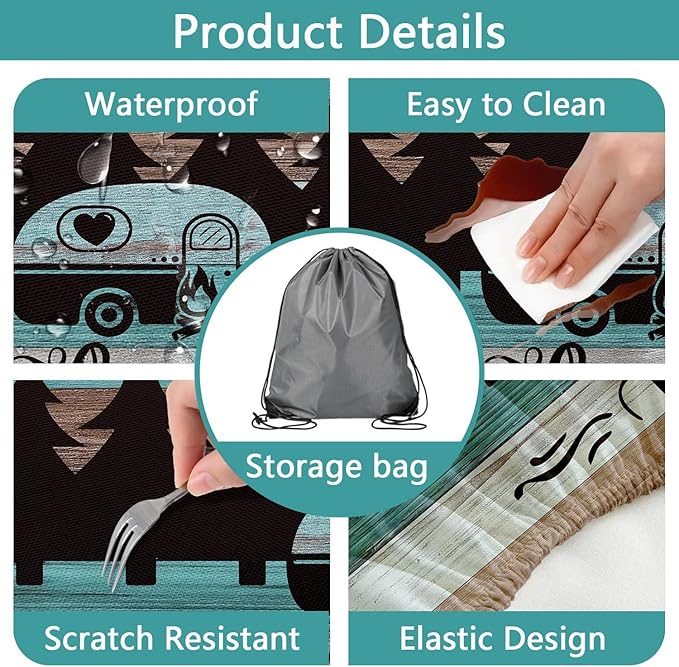 Happy Campers Picnic Table Cover with Bench Covers, Rustic Wooden RV Travel Trailer Waterproof Tablecloth for Patio Camping Indoor Outdoor Party Decorations with Drawstring Bag, 30X96in, 3PCS