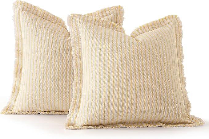 MIULEE Pack of 2 Yellow Pillow Covers 24x24 Inch Striped Farmhouse Couch Throw Pillow Covers with Fringe Chic Cotton Decorative Euro Sham Cushion Covers for Summer Sofa Living Room Bed Home Decor