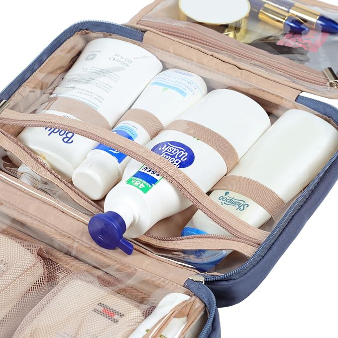 NISHEL Travel Toiletry Bag for Women, Makeup Essentials Organizer, Hanging Case for Accessories, Cosmetics, Large Size, Aegean-Blue