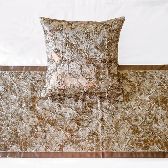 The HomeCentric King/Queen/Twin Copper Decorative CA King 86"x18" Bed Runner Without Pillow Cover, Beaded & Foil Bed Scarf on Silk Fabric - Aranka