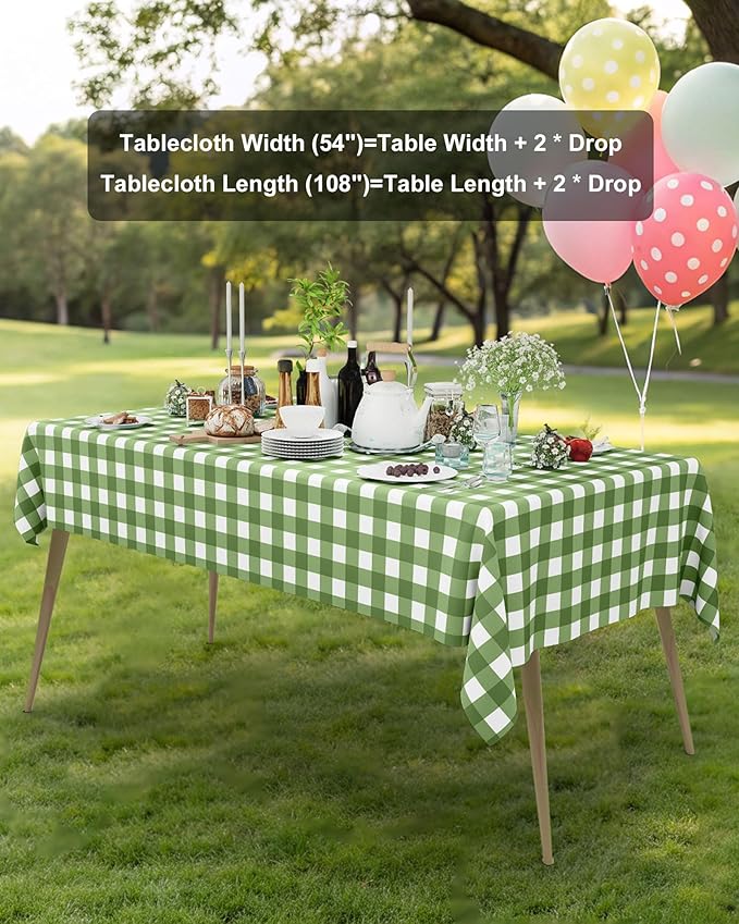 Smiry 20 Packs Gingham Disposable Table Cloth, 54 x 108 Inch Waterproof Plastic Tablecloth, Rectangle Sage Green and White Checkered Table Covers for Picnic, Birthday, Party
