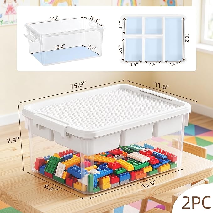 Citylife Toy Storage Box, 17 QT Building Brick Organizer with Buildable Baseplate Lid and Removable Trays, Kids Block Organizer for Playroom and Art Supplies, 2 Pack